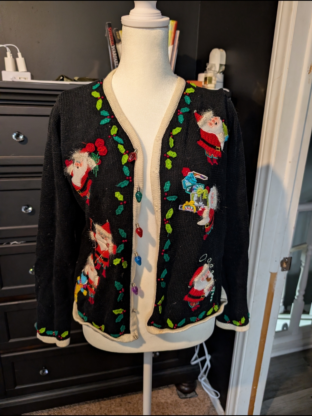 Signature Black Holiday Cardigan with Cream Trim and Multicolor Accents